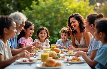 Multigenerational Hispanic family enjoys meal outdoors. Grandparents parents, grandchildren gather around backyard table on sunny summer day. Laughing, interacting with. Joyful, loving atmosphere