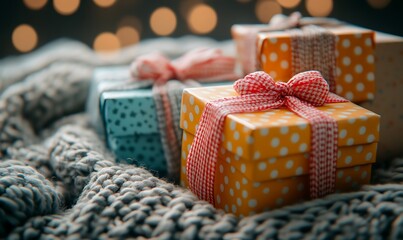 Festive gift boxes with polka dots and ribbons rest on a cozy knitted fabric against a bokeh background.