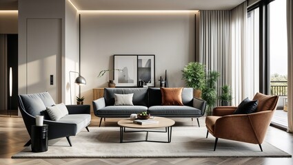 A modern living room interior featuring stylish furniture and dcor emphasizing contemporary lifestyle aesthetics