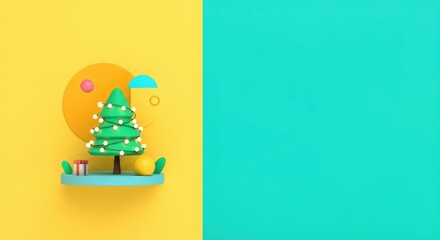 Minimalist Christmas tree with ornaments, contrasting vibrant yellow and teal background