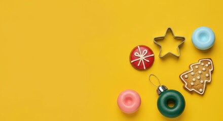 Festive cookies and decorations on bright background