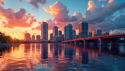 Fototapeta premium Colorful sunset paints Tampa skyline with vibrant hues. Skyscrapers reflect in calm water. City bridge crosses waterway. Urban scene vibrant, full of life. Florida evening sky. Wonderful view for