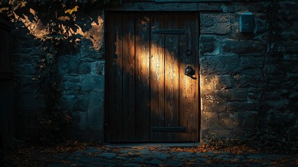Fototapeta premium A closed wooden door with light shining from underneath symbolizing hidden opportunities and secrets