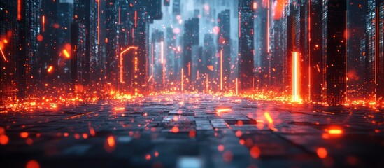 Fototapeta premium Futuristic city street with glowing fiery particles and dark architecture.