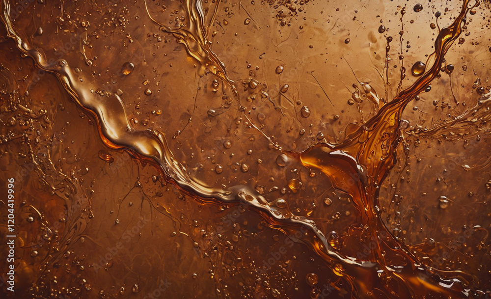 Poster a splash of brown liquid with many droplets on a surface. the liquid appears to be a dark brown colo