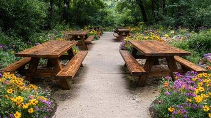 Park picnic tables, flowers, garden path, summer. Ideal for leisure, relaxation, and nature scenes