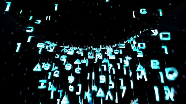 dynamic, abstract image showcasing floating alphanumeric characters and symbols in neon blue.