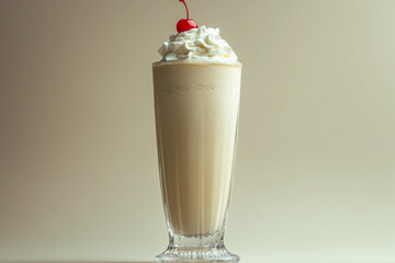 Creamy milkshake topped with whipped cream and cherry sits in a glass against a neutral backdrop
