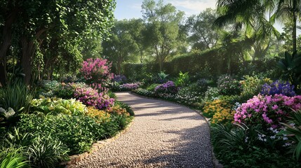 Naklejka premium A beautifully landscaped garden path lined with colorful flowers and lush greenery evoking tranquility