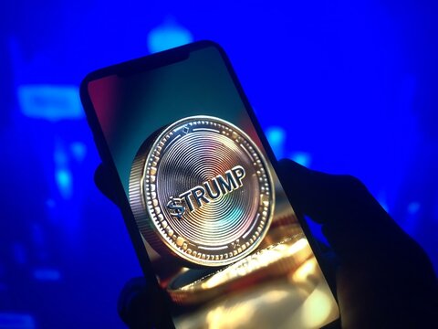 New york, USA - Jan 18, 2025. Smartphone with Trump meme coin, cryptocurrency concept, digital finance, political currency, investment risk