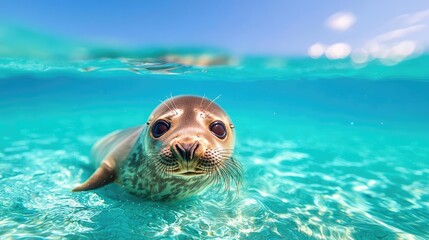 Fototapeta premium Curious seal pup swimming in turquoise ocean water, sunny day