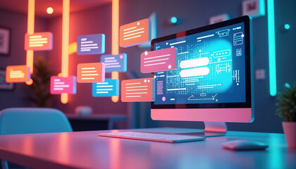 Modern web design studio concept. Modules fly around computer display. Website design assembled from floating components. Colorful floating text blocks represent design modules. Creative process of