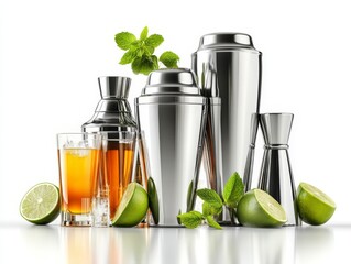 Elegant cocktail making set featuring metallic shakers, glasses, and fresh lime, arranged with minimalistic sophistication, ideal for mixology themes and drink photography