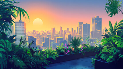 Exploring the vibrant rooftop garden amidst the urban jungle a green oasis above the cityscape. Urban Oasis. Illustration