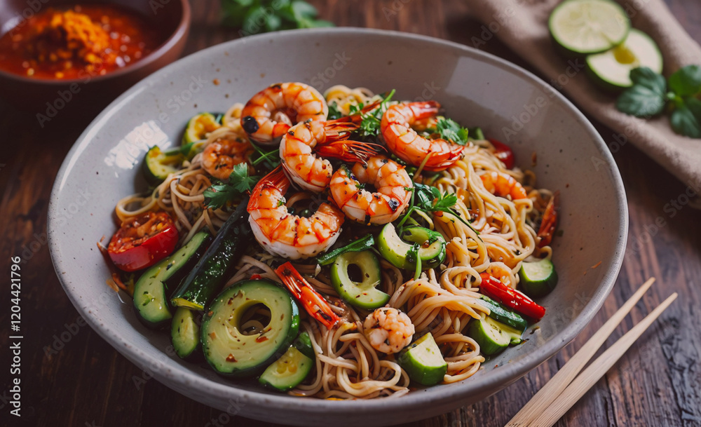 Poster a bowl of shrimp and vegetable noodles with a green lime on the side. the dish is colorful and appet