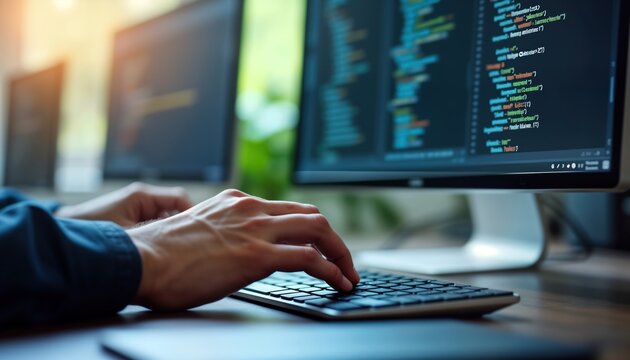 Programmer types code on computer keyboard. Modern workspace shows tech professionals work. Developer writes program code on pc screen. Focus on hands typing. Digital business workflow. Innovation in