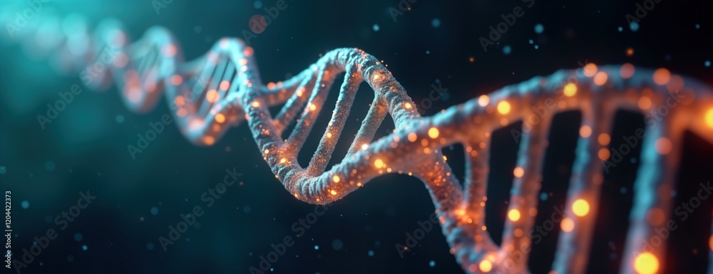 Poster 3d render shows glowing dna double helix in dark blue space. energy sparks highlight complex molecul