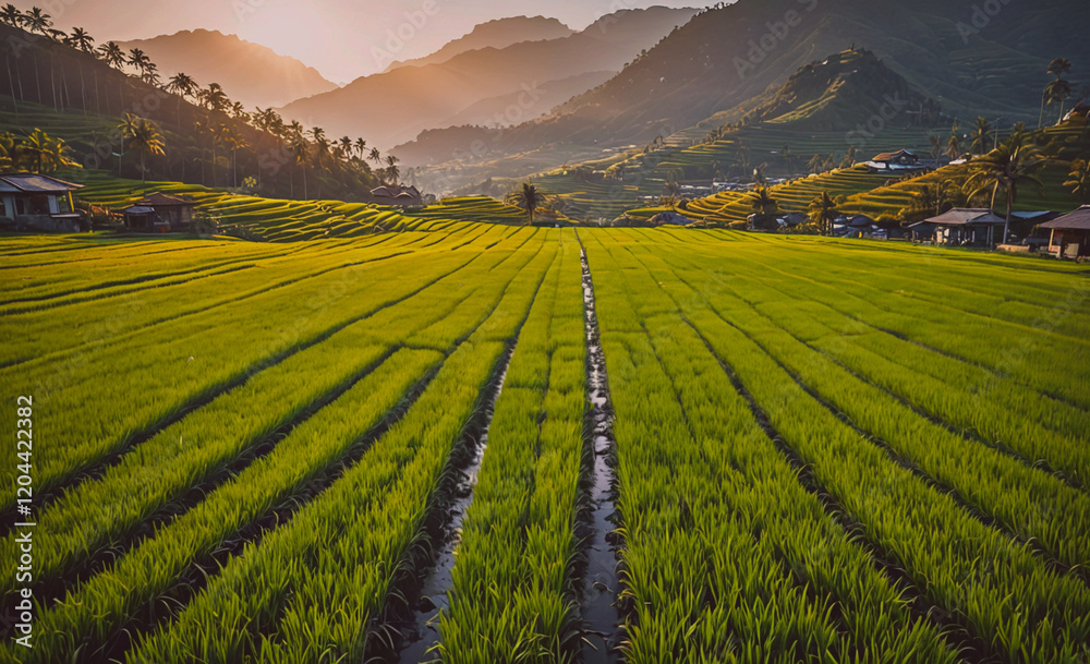 Poster a field of green grass with a mountain in the background. the field is very large and is full of gra