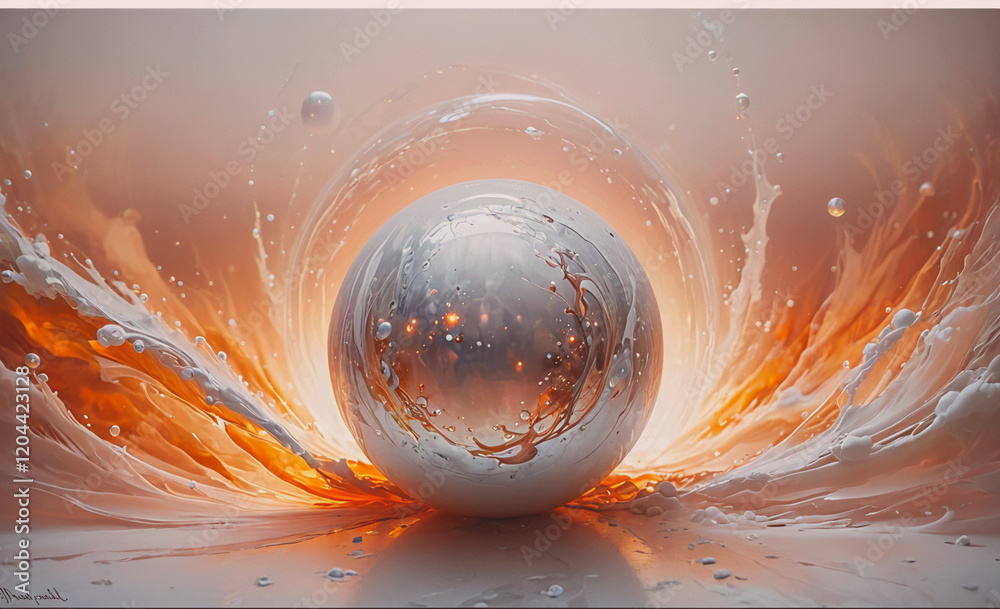 Poster a silver ball is surrounded by orange and white swirls. the ball is the center of the image and the 