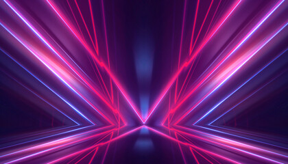 Neon light in tunnels, rays and lines. Perspective of light in motion. Dark abstract neon background, empty stage.