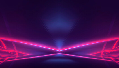 Neon light in tunnels, rays and lines. Perspective of light in motion. Dark abstract neon background, empty stage.