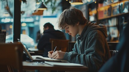 A focused student writing notes in a cozy caf?(C) symbolizing education learning and ambition