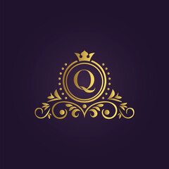 Royal luxury logo design with golden crown and elegant patterns for premium branding  

