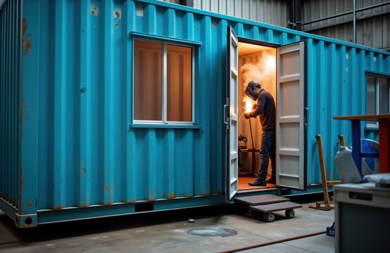 Technicians maintain shipping containers. Worker welds inside teal shipping container workshop. Industry standard repairs take place. Metal sparks fly. Focus on container maintenance, industry