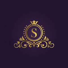 Royal luxury logo design with golden crown and elegant patterns for premium branding  
