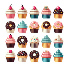 Colorful cupcakes topped with playful donuts, cherries, and frosting, perfect for a delightful sweet indulgence.
