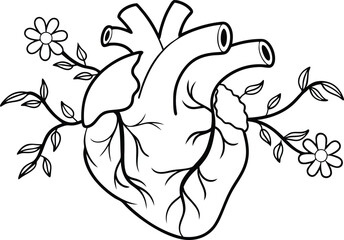 Intricate Human Heart with Vines and Flowers Line Art Vector Design illustration of a flower