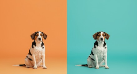 Cute tricolor dog sitting on two colored backgrounds