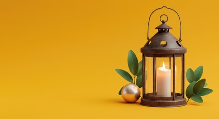 Rustic lantern with candle, surrounded by festive decor on vibrant yellow background