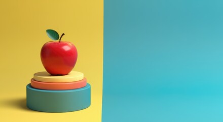Red apple on multicolored geometric pedestal with yellow and blue background