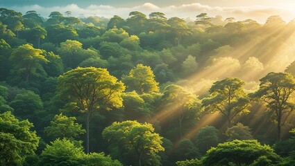 A serene and vibrant panorama of a dense forest showcasing lush greenery and vibrant wildlife in harmony