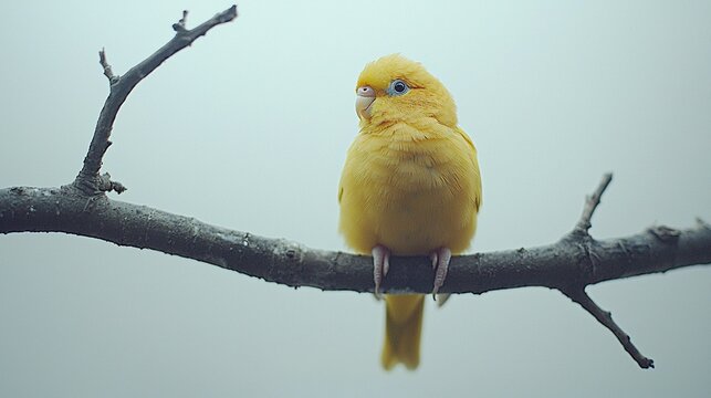 Yellow bird perched on branch, blurred background, potential pet portrait.
