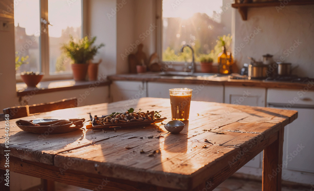 Poster A wooden table with a glass of juice and a plate of nuts on it. The table is in a kitchen with a window that lets in sunlight