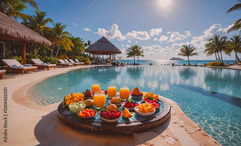 Aufkleber A tray of fruit and drinks is placed on a table by a pool. The scene is set in a tropical location, with palm trees and a beach in the background. The tray is filled with a variety of fruits