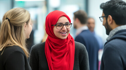 Multicultural group of business professionals engaged in a conversation. Concept of diversity, teamwork, intercultural communication in corporate settings