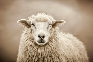 Obraz premium Close-Up Portrait of a Fluffy Sheep with Soft Wool and Gentle Expression on a Neutral Background