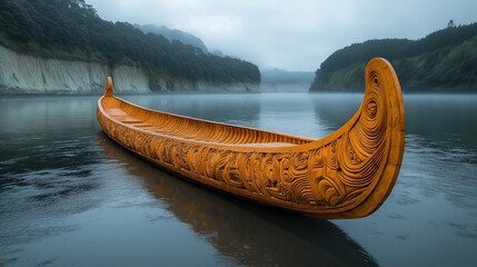 Beautifully crafted Māori waka canoe on a tranquil lake for Waitangi Day, showcasing intricate carvings, traditional design, and earthy tones of gold, brown, and misty blue background