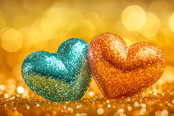 Fototapeta premium Glittery teal and gold hearts on sparkling background.