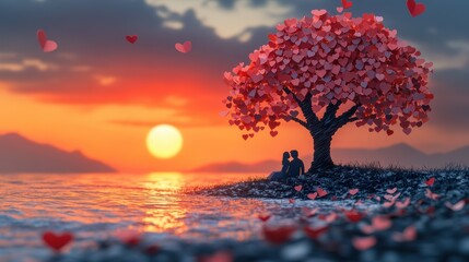 Romantic Sunset with Heart-Shaped Leaves and Couple by Water