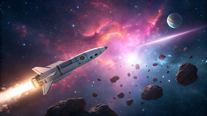 A sleek futuristic rocket travels through a colorful cosmic landscape filled with swirling galaxies and scattered asteroids. Bright celestial light enhances the vibrant scene