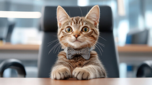 Cute Business Cat Wearing a Bowtie in Office Environment. Concept of Professional Feline, Animal Humor, Work and Relaxation