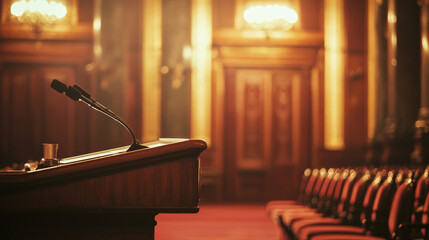 Elegant Presidential Inauguration Scene with Empty Podium and Rows of Chairs in Grand Hall. Concept of Leadership, Ceremonial Oath, Political Tradition. Copy space