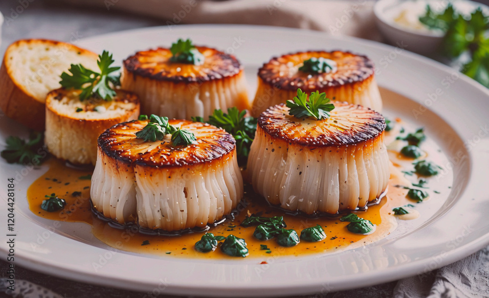 Poster a plate of food with five different types of food on it. the food is garnished with parsley and has 