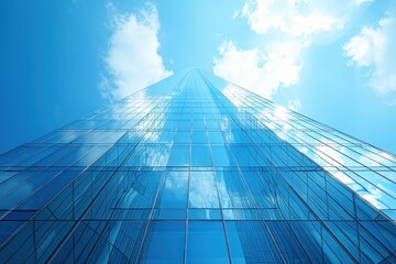 A futuristic high-rise with blue glass walls and transparent sections, standing out against a bright blue sky. The building is a digital masterpiece, a beacon for future business headquarters.