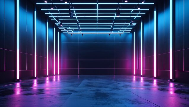 A sleek minimalist and futuristic stage design featuring innovative lighting and dynamic visuals for events