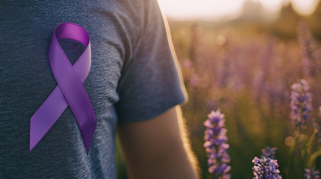 Purple Day International Epilepsy Awareness with Lavender Fields. Concept of health advocacy, epilepsy support, and awareness campaigns, featuring a purple ribbon for solidarity. Copy space - Powered by Adobe
